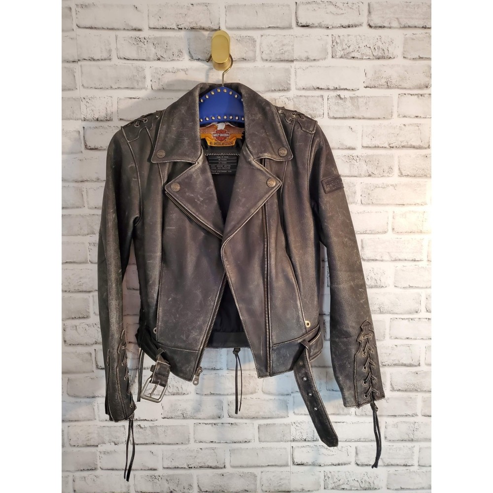 Vintage Distressed Harley Davidson Women's Cruiser Biker Leather Jacket XS
